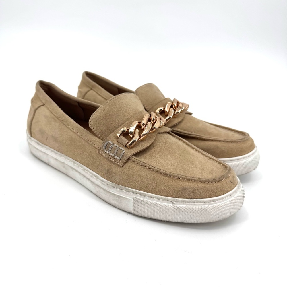 Urban Sport by J/Slides Lanna Moccasin Loafer Chain Accent Tan Faux Suede Size 9